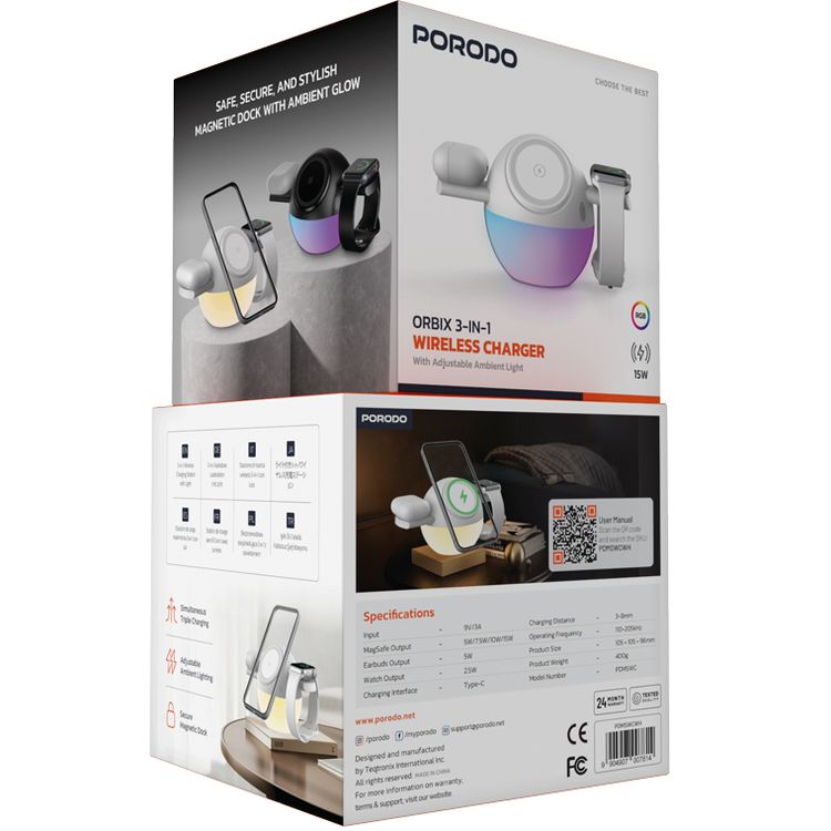 Porodo Orbix 3-in-1 Wireless Charger with Adjustable Ambient Light, 3-8mm Charging Distance, 15W Wireless Fast Charging, 5W Earbuds Output, 2.5W Watch Output, Type-C Charging Interface, Secure Magnetic Dock - White