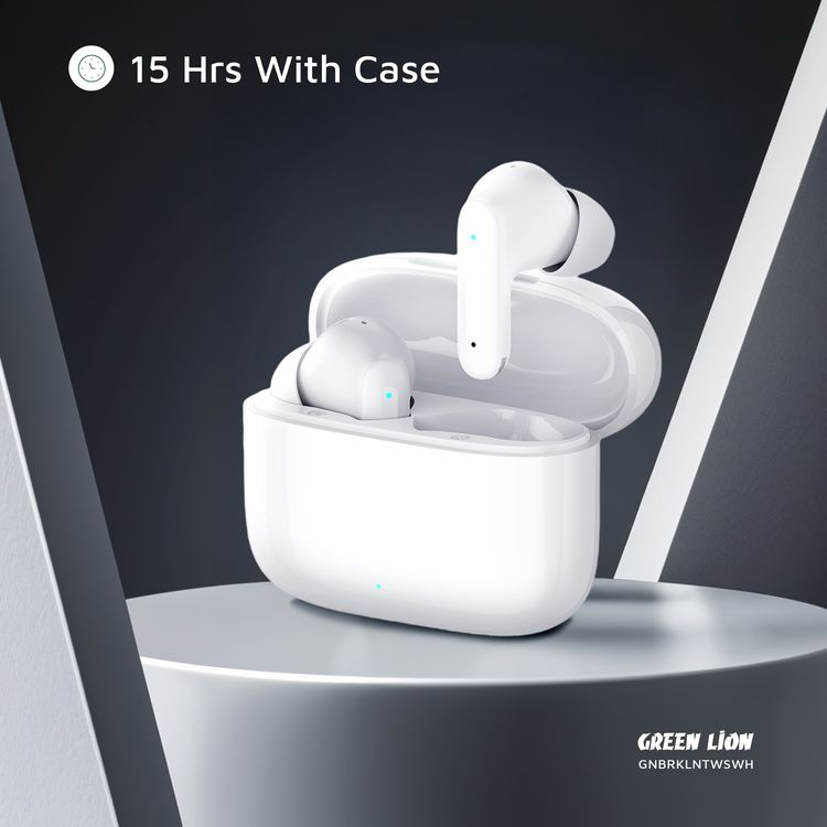 Green Lion Brooklyn True Wireless Earbuds with Voice Assistant, 4 Hours Playtime, Built-in Microphone, HiFi Sound, Touch Control, Dual-Mic - White