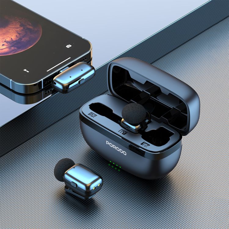 Porodo Wireless Lavalier Microphones with Lightning Connector, Noise Reduction, 33 Hours Working Time with Charging Case, 250mAh Case Battery Capacity, <22ms Latency, Plug & Play - Black