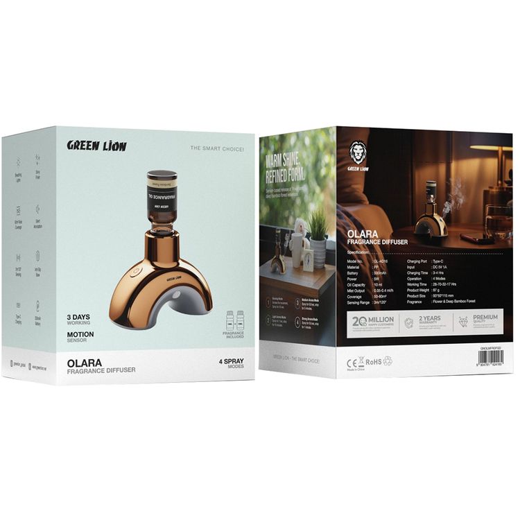 ناشر العطر أولارا من جرين ليون مع وقت عمل يصل إلى 3 أيام، سعة بطارية 500 مللي أمبير، شحن بتقنية Type-C، سعة زيت 10 مل، قدرة طاقة 5 واط.