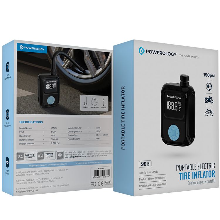  Powerology Portable Electric Tire Inflator with 3 Inflation Modes for Bicycle & Motorcycle & Ball, 48W Rated Power, 600mAh Battery Capacity, USB-C Charging Interface, Heat Dissipation Vent, Digital Display - Black