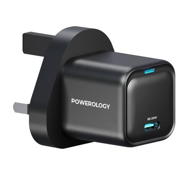 Powerology UK 3-Pin Ultra-Compact GaN Charger, Compact & Lightweight, Portable, Build-in Safeguards - Black