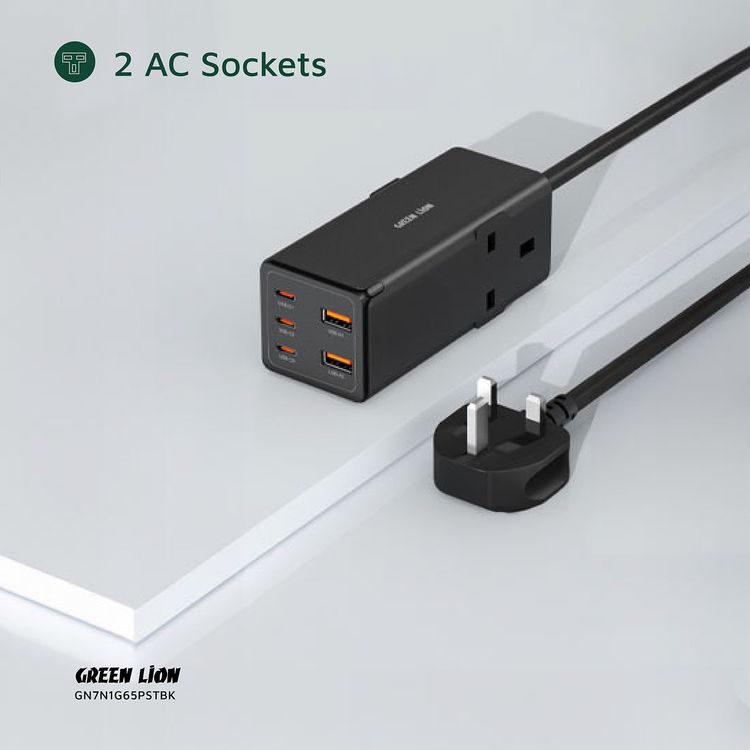 شريط الطاقة من جرين ليون 7 في 1 بقوة 65 واط من نوع GaN مع طاقة 3250 واط، مصنوع من مادة مقاومة للاشتعال من نوع PC، مع خاصية PD بقوة 65 واط، مغالق أمان، 3 منافذ نوع-C و 2 منافذ USB-A، 2 مآخذ كهرباء AC، متوافق على نطاق واسع - باللون الأسود.