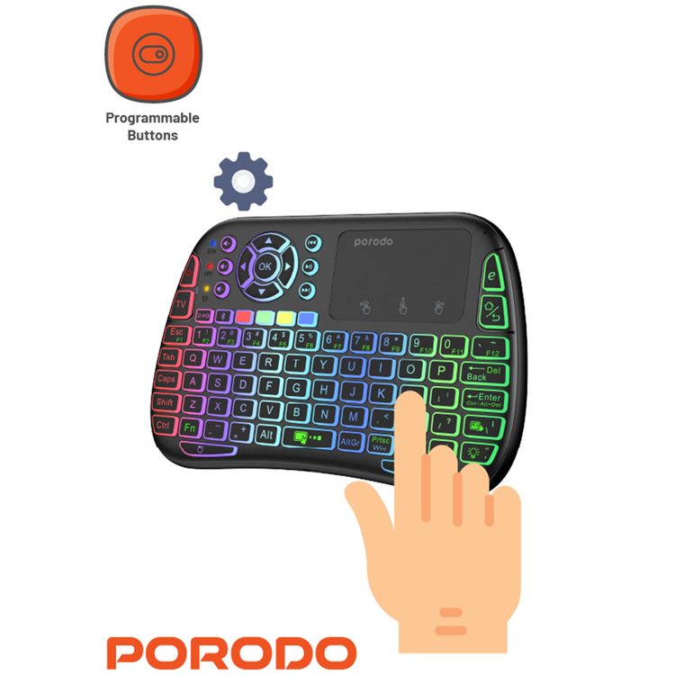 Porodo Gaming Remote Keyboard & Mouse with Programmable Buttons, Gesture Recognition, 10m Operational Range, 84 Keys, 5.2 Bluetooth, 300mAh Battery - Black