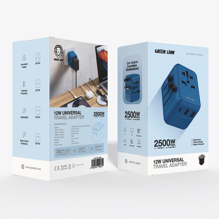 Green Lion 12W Universal Travel Adapter, Short Circuit Protection, UK, AU, EU and US Pin, Super Compact & Travel Friendly - Blue 