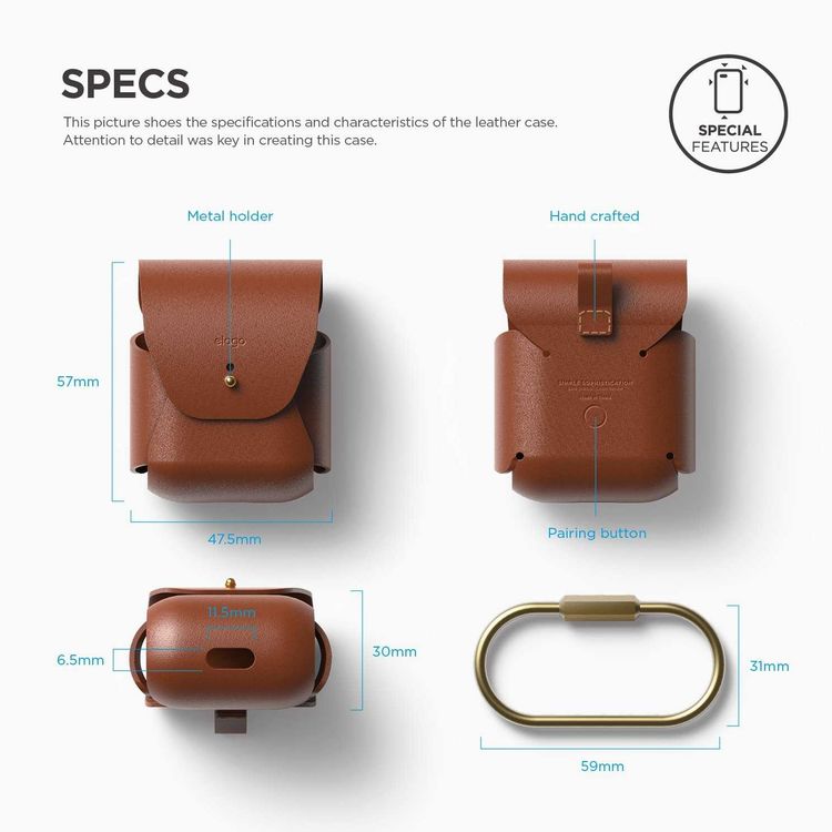 Elago Genuine Leather Case Compatible For Apple AirPods 1&2 Generation, Scratch Resistant, Drop Resistant, Dustproof and Absorbing Protective Cover with Hang Case