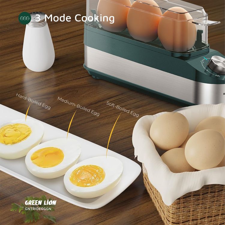 Green Lion Trio Egg Cooker with Auto Shutoff, Rotatory Knob, Non-Stick Coating, BPA-Free Plastic, 210W Rated Power - Green