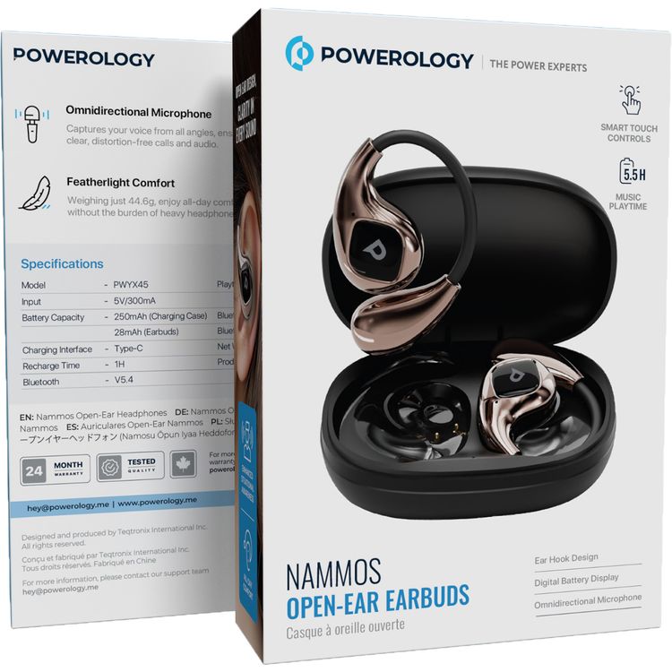 Powerology Nammos Open-Ear Earbuds with Immersive Audio, Ergonomic Fit, Omni-Directional Microphone, Smart Touch Control, Bluetooth Version 5.4 - Matte Black