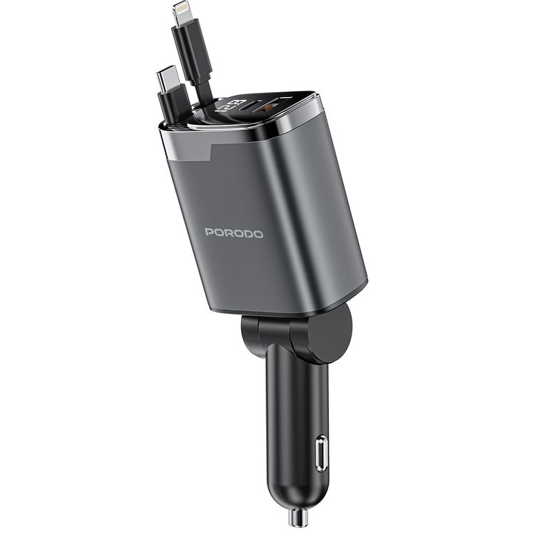 Porodo 45W Car Charger with Foldable Design, LED Voltage Display, 111W Maximum Output, Simultaneous Charging, Fast Charge Support, QC 36W, PD 45W, 80cm Type-C & Lightning Retractable Cables - Black