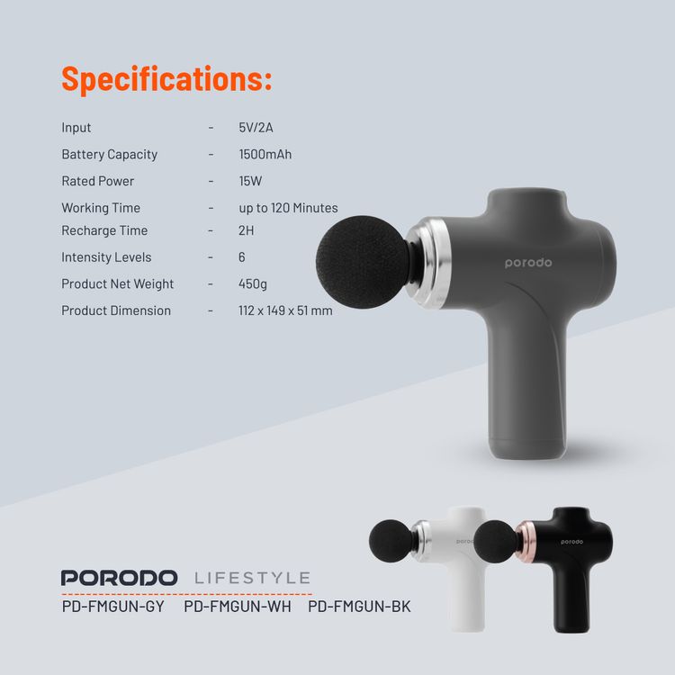 Porodo Lifestyle Precision Handheld Massager with 4 Interchangeable Heads, Up to 120 Minutes Working Time, 2 Hours Charging Time, Type-C Charging Port, 1500 mAh Battery Capacity, 15 W Rated Power, 6 Intensity Levels - Gray