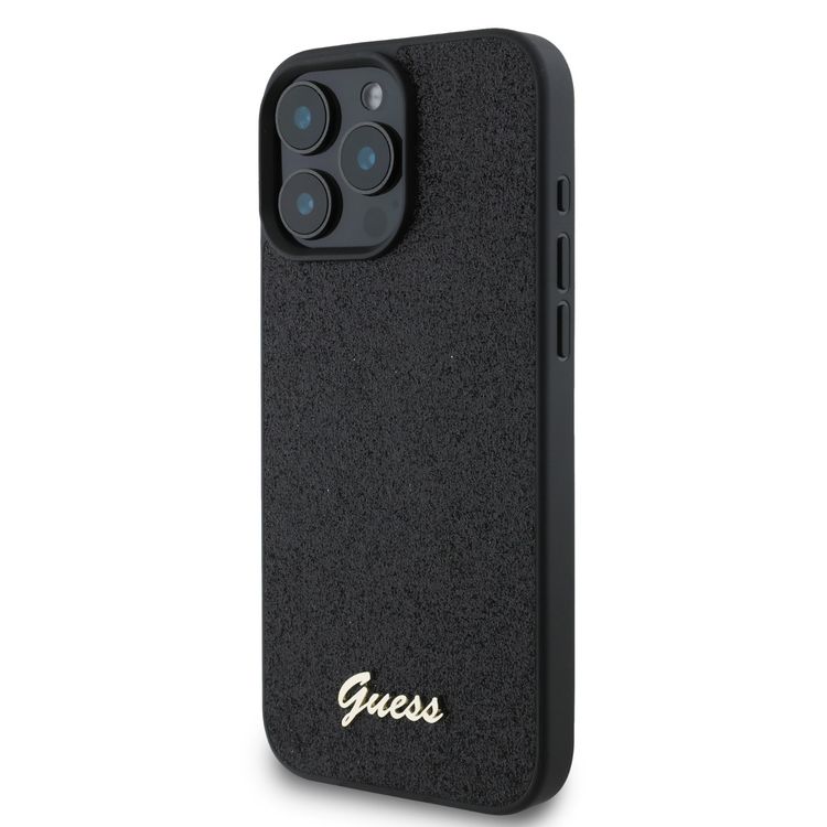 Guess Fixed Glitter Hard Case with Script Metal Logo for iPhone 16 Pro Max, Slim Profile, Drop Protection, Easy Snap-On, High-Quality Material, Extra Shield Protection - Black