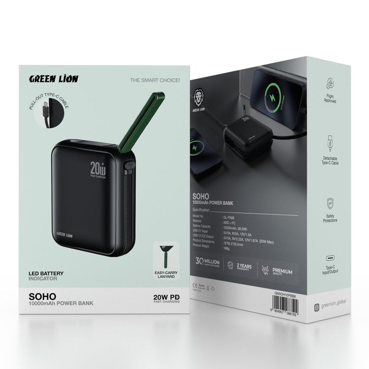 Green Lion Soho Power Bank 10000mAh with PD 20W Fast Charging, Flight Approved, Type-C Input/Output Port, LED Battery Indicator, Easy-Carry Lanyard, Detachable Type-C Cable, Safety Protections - Black