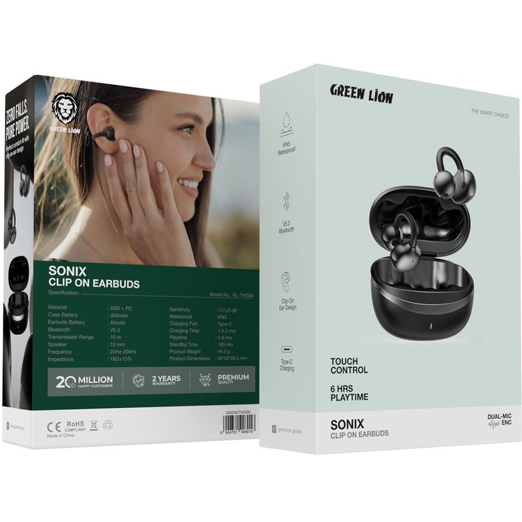Green Lion Sonix Clip On Earbuds with Environmental Noise Cancellation, Up to 6 Hours of Playtime, 10m Transmission Range, IPX5 Waterproof Rating, Touch Control - Black