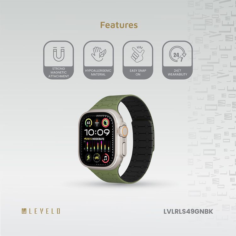 سوار سيليكون Levelo Royallink مزدوج اللون لساعة Apple مقاس 49/46 ملم، مصنوع من مادة مضادة للحساسية، يحتوي على 32 مغناطيس مدمج، مقاوم للماء والعرق، نظام تثبيت مغناطيسي قوي، سهل التركيب - أخضر / أسود.