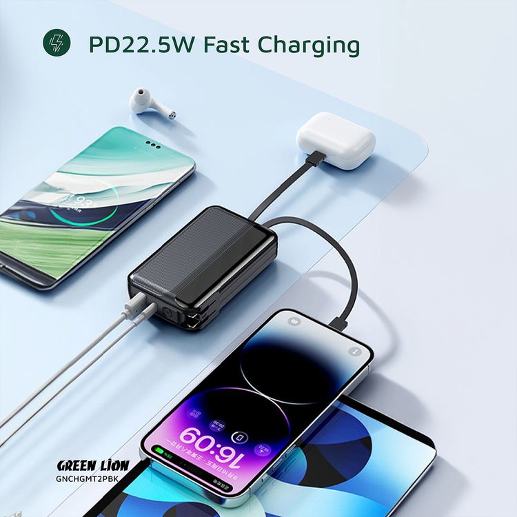 شاحن باور بانك غرين ليون تشارج ميت بقدرة 10000 مللي أمبير PD 22.5W، مدخل طاقة AC، كابلات مدمجة، شاشة رقمية، قابس الولايات المتحدة، قابس الاتحاد الأوروبي، قابس المملكة المتحدة - أسود