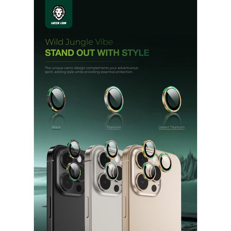 Green Lion Camo Camera Lens for  iPhone 16 Pro / 16 Pro Max, Military-Grade durability, HD Clarity, Advanced AF Coating -  Desert Titanium