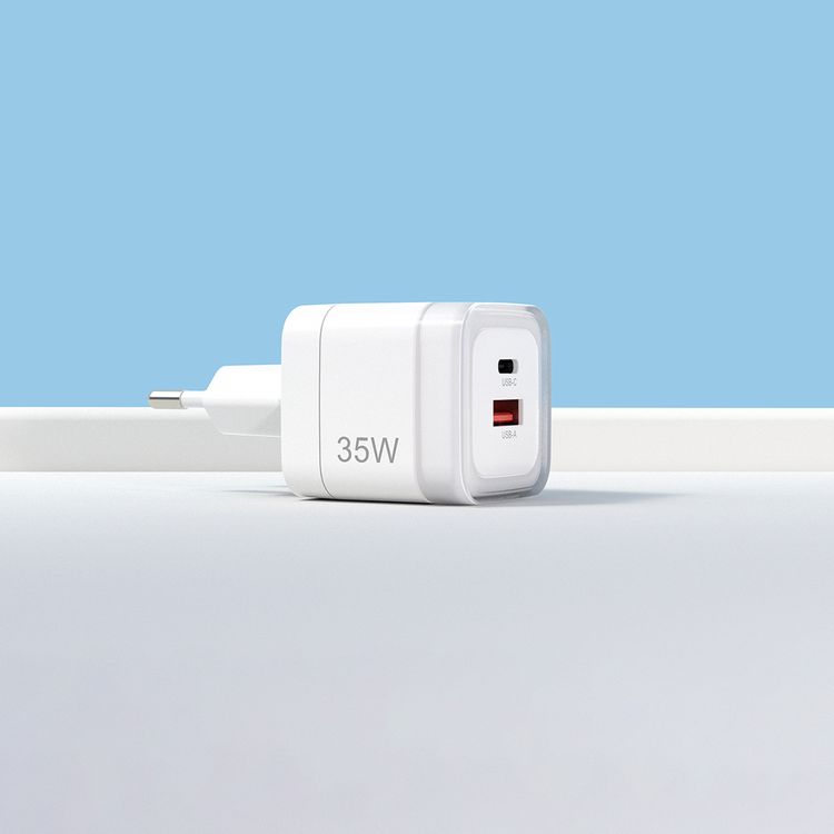 Powerology Dual-Port Fast Charging Adapter with PD 35W, QC 22.5W, USB-A & USB-C Ports, EU 2-Pin Plug, Universal Protocol Support - White