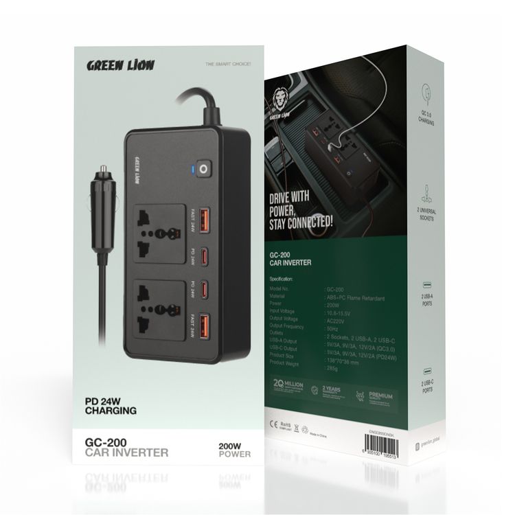 موزع الطاقة للسيارة Green Lion GC-200، تصميم مدمج، تردد 50 هرتز، 2 مقبس، 2 USB-C، 2 USB-A - أسود