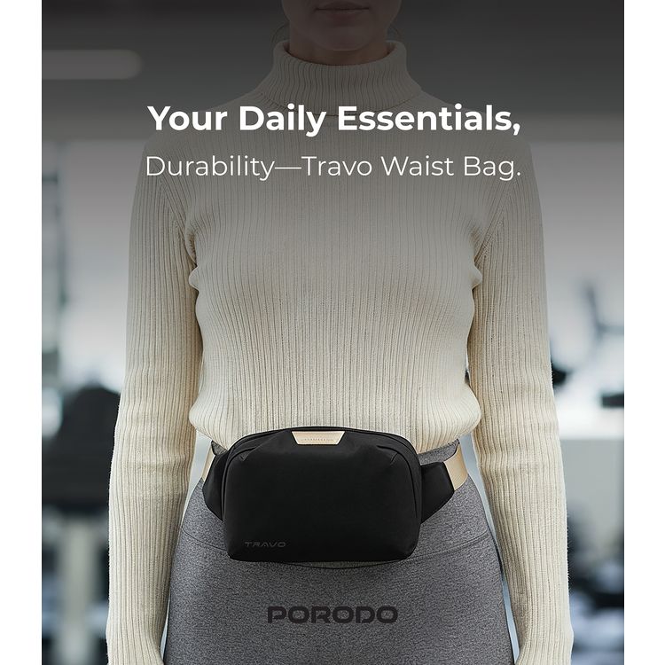 Porodo Lifestyle Travo Waist Bag with Spacious Storage Design, Durable Material, Safe & Secure, Easy Carry Handle, Zipper Closure Type - Black