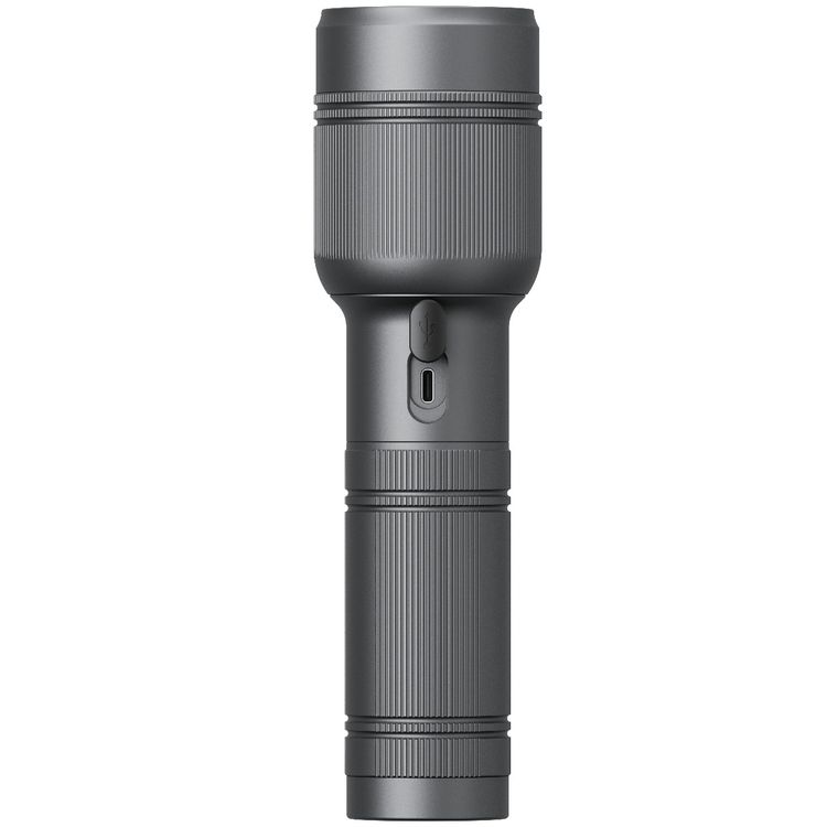 Porodo Lumalite 2600 Lumens Rechargeable Flashlight with Ultra-Bright Beam, 5000mAh Battery, 30W Rated Power, Up to 700m Coverage Area, USB-C Charging Port, 3.8 Hours Working Time, Manual Zoom Control, Multi-Mode Operation - Gray
