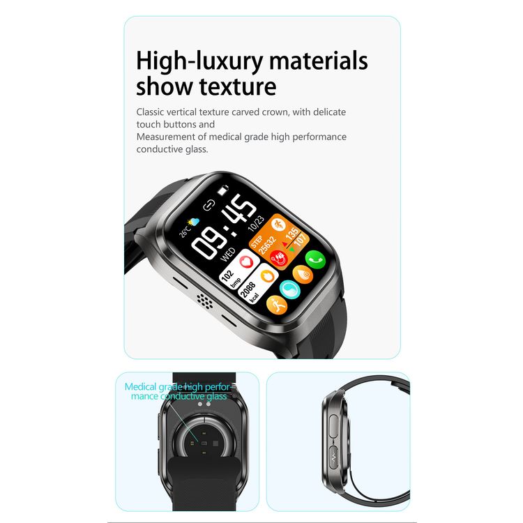 Green Lion Sense ECG Smart Watch with 12 Days Working Time, Soft TPU Medical Airbag, High-Precision Sensor, Oscillometric Blood Pressure, AMOLED 2.06" Display, Real-Time Notifications, Hands-Free Calls, Bluetooth Version 5.3, Voice Assistant, 530mAh Battery Capacity - Black