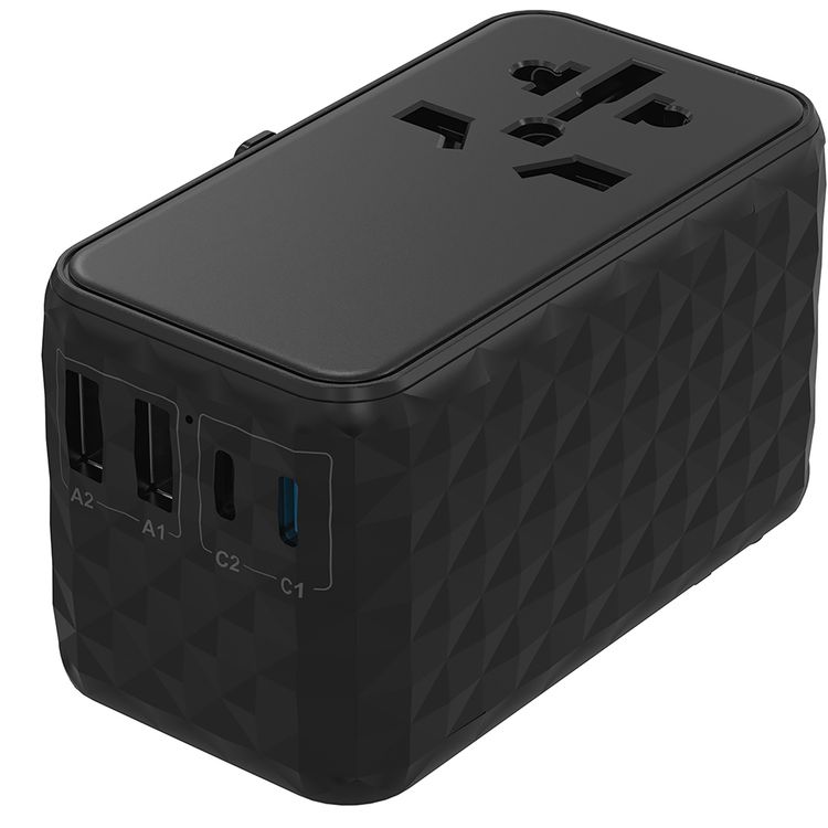 Powerology 4-Port Universal GaN Super Charger with 140W Power Delivery,  0%-60% Charge in 35 Minutes, Laptop Charging Compatibility, Compatible in Over 150 Countries - Black