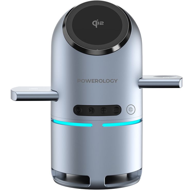 Powerology Qi2 Speaker Charge Station with Pop-Out Charging Dock, 15W Maximum Phone Output, 1000mAh Battery Capacity, Bluetooth Version 5.3, Built-in Safeguards - Gray