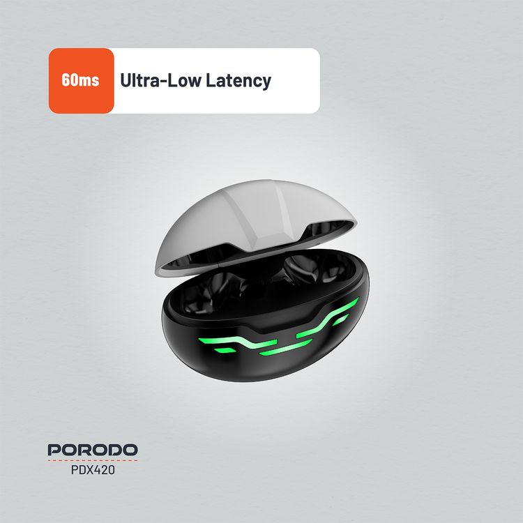 Porodo Gaming Ultra Low-Latency Gaming Earbuds, 5h Playtime, Bluetooth 5.4, ENC Support, RGB Breathing Lights, 200mAh Battery Capacity, 1000h Standby Time, Type-C Charging - Black  