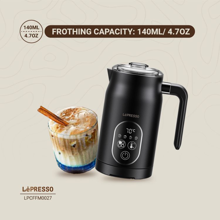 LePresso Four Froth Milk Frother, 270mL Heating Capacity, 140mL Frothing Capacity, 3-Pin UK Plug, Temperature Control - Black