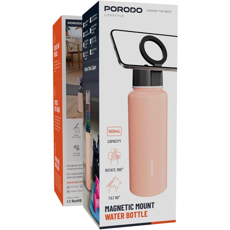 Porodo Lifestyle Magnetic Mount Water Bottle with 1L Capacity, Stainless Steel Material, Built-In Straw, Strong Magnetic Hold, Double Wall Insulation - Pink