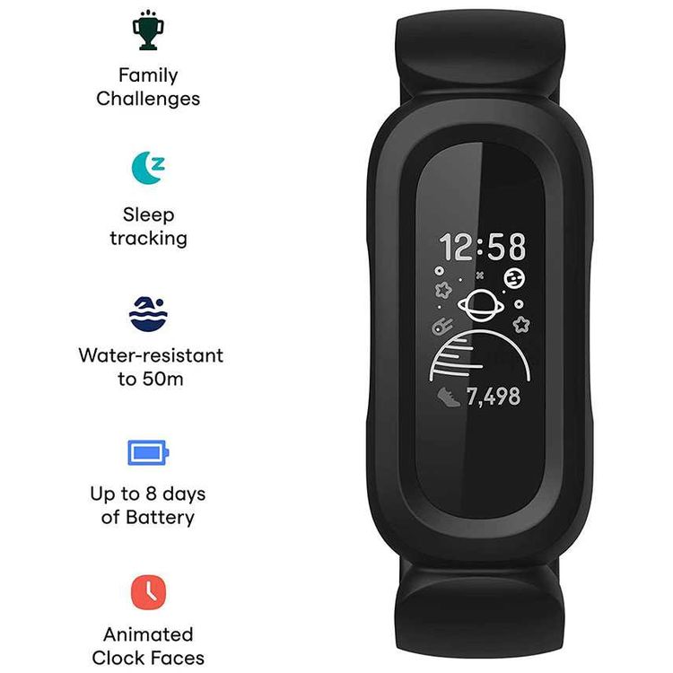 Fitbit Ace 3 Fitness Wristband Compatible for Kids, Animated Clock Faces, All Day Activity Tracking, Swim proof Water Resistant (50 meters), 8-Day Battery Life - Black/Red