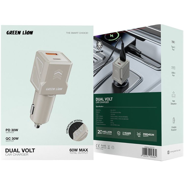 Green Lion Dual Volt Car Charger with PD 30W, QC 30W, USB-A & USB-C Ports, 60W Total Output, Heat Dissipation, Charging Protection - Titanium