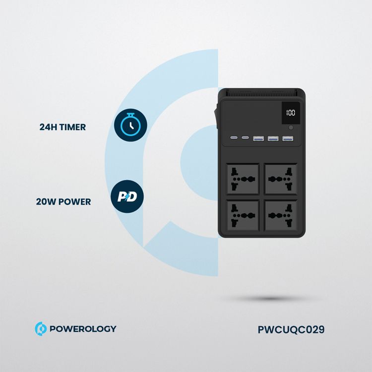 مشترك طاقة Powerology 2500 واط مع 4 مقابس تيار متردد وكابلات مدمجة قابلة للسحب، 5 منافذ USB، مخرجات USB-C وLightning، أدوات حماية مدمجة، مادة مقاومة للحريق، مؤقت 24 ساعة، شحن متزامن، طول الكابل 70 سم وطول سلك الطاقة 3 متر - أسود