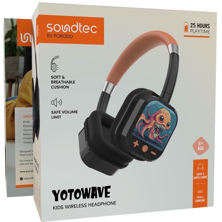 Porodo Soundtec Yotowave Kids Wireless Headphones with Comfortable & Breathable Cushion, 200mAh Battery, Up to 25 Hours Play Time, 40mm Speaker Size, Bluetooth Version 5.4, Recommended for Kids Aged 6+, Skin-Friendly Material, Safe Volume Limit - Orange / Black