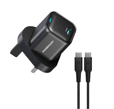 Powerology Ultra-Compact GaN Charger With USB-C to USB-C 60W Cable, 20W Power Delivery, Built-in Safeguard, 1.2m Cable Length - Black