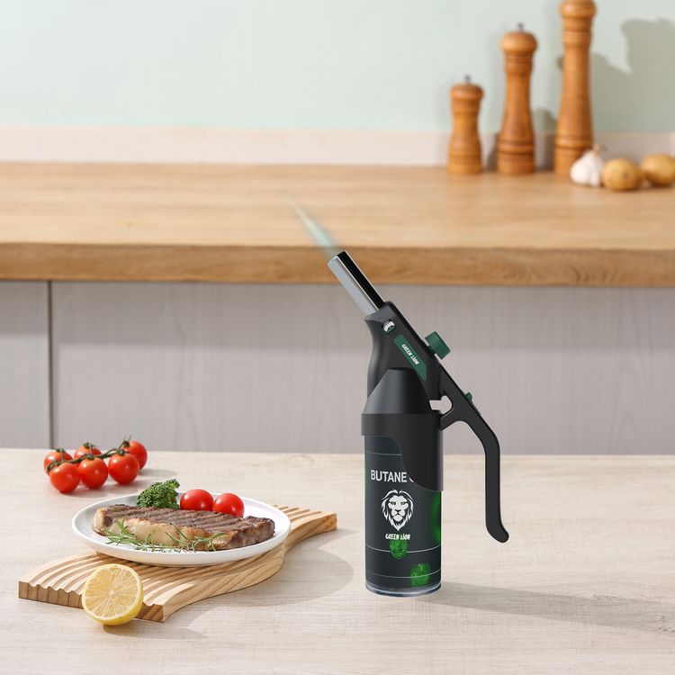 Green Lion Fire Flame Windproof Lighter, Butane Gas, 1300°C Heat, 360° Free Rotation, Adjustable Flame Control, One-Touch Ignition, Thickened Steel Pipe, Ergonomic Grip Handle, Multi-Purpose Torch, Quick & Easy Installation - Black