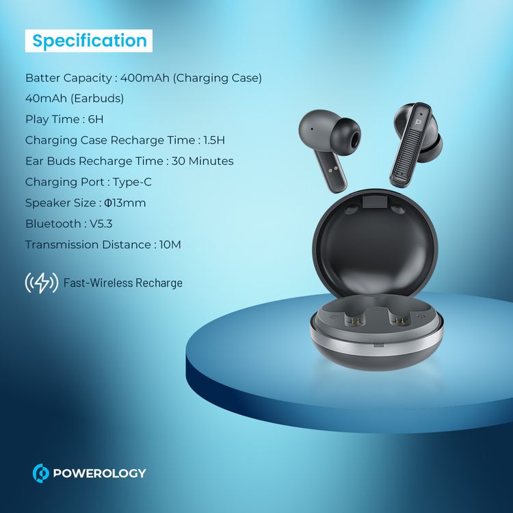 Powerology TWS Earbuds with Quad Mic ENC, 6h Playtime, Bluetooth 5.3, 30minutes Charging Time, 10m Transmission Distance, Type-C Port, Smart Touch Control, Wireless Charging - Black