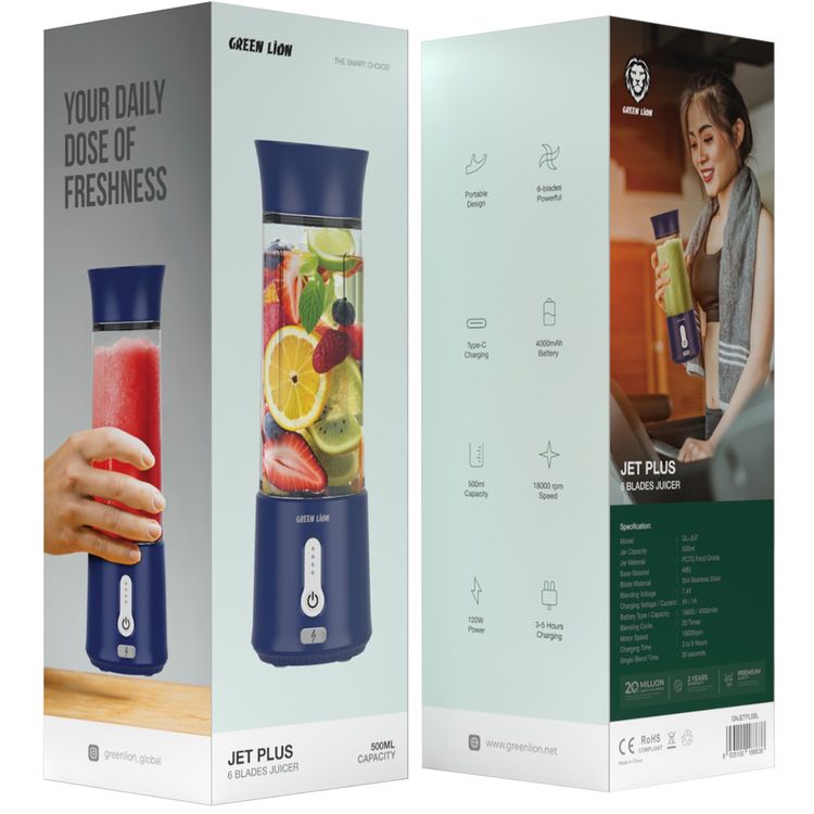 Green Lion Jet Plus 6-Bladed Juicer with 18000rpm Motor Speed, 500mL Jar Capacity, 4000mAh Battery Capacity, 20 Blending Cycles per Charge - Blue