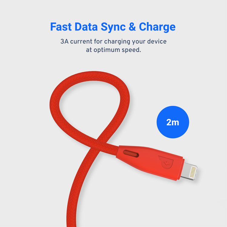 Powerology USB-C to Lightning Braided Cable with 2m Length, Fast Charging & Data Sync, Overheat & Overcurrent Protection, MFI Device Compatible, Fire-Resistant PVC Material - Red