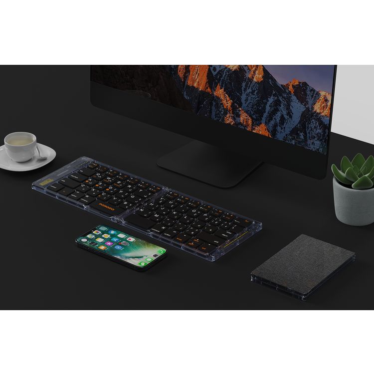 Porodo Crystal Shell Wireless Keyboard, Transparent, Bluetooth Connection, Foldable, 65 Keys + Arabic Layout, 80mAh Lithium Battery, Scissor Key Switches, Compatible with Windows, iOS, Android, Mac - Black
