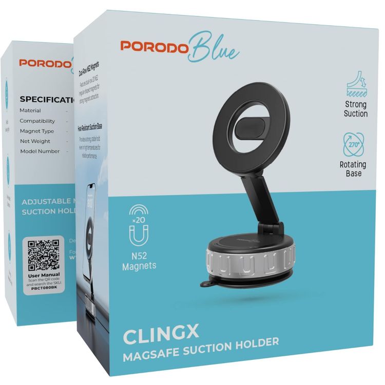 Porodo Blue Clingx MagSafe Suction Holder, 270° Base Rotation, One-Handed Operation, Flexible Viewing Angle, Heat-Resistant Suction Base, ABS & PC Material - Black