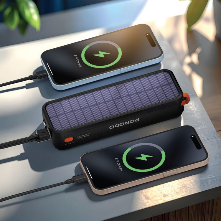Porodo Solar-Powered 20000mAh Power Bank with Multi-Mode Flashlight, Solar Charging, 22.5W Power Delivery,   22.5W QC - Black