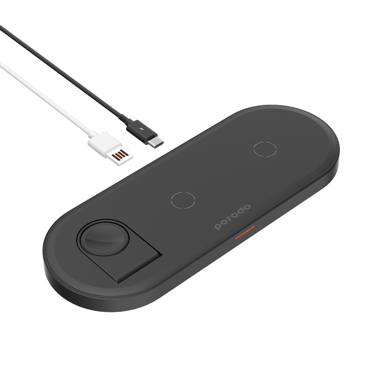 Porodo 4-in-1 Slim Charging Base with Built-in Foldable Watch Charger, Type-C Cable Included, Up to 10W Fast Wireless Charging, Overcharge & Overheat Protection - Black