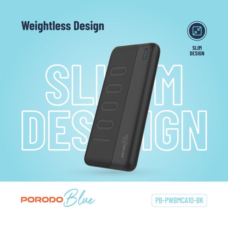 Porodo Blue 10000mAh Slim Power Bank with Dual USB-A Output, Lightweight & Compact Design, Type-C Input, LED Indicator - Black