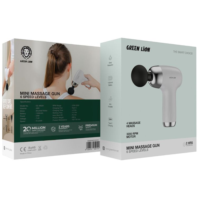 Green Lion Mini Massage Gun with 4 Massage Heads & 6 Speed Levels, ABS Material, Up to 2 Hours Working Time, Auto Shut-Off Function, 1200-3200 RPM Range, 24W Power, Brushed Motor, 1200mAh Battery - White