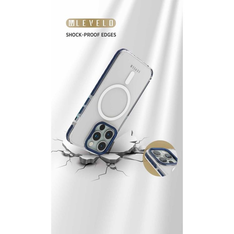 جراب شفاف من Levelo FlexiGuard MagSafe لهاتف iPhone 15 Pro Max، غطاء خلفي شفاف عالي الشفافية، حواف مقاومة للصدمات، مضاد للخدش 3H، متوافق مع MagSafe، حماية من الصدمات، حلقة كاميرا معدنية مرفوعة - أزرق
