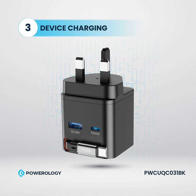 Powerology Dual Port Retractable GaN Charger, Built-in Safeguards, 3-Device Charging, 65W Power Delivery, Fire Proof Material, Patented Design, 75cm Retractable Type-C Cable - Black
