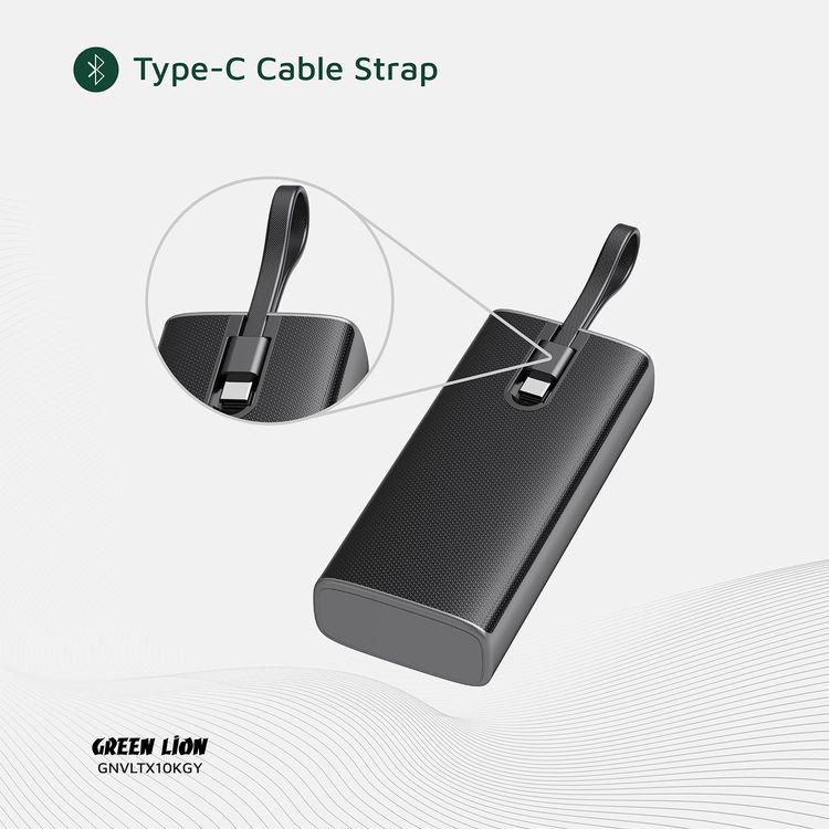 بنك طاقة جرين ليون فولتكس بسعة 10000 مللي أمبير مع شاشة TFT، تصميم رائع، حزام كابل Type-C، شحن سريع، تصميم خفيف الوزن، إجمالي قوة 22.5 واط - رمادي