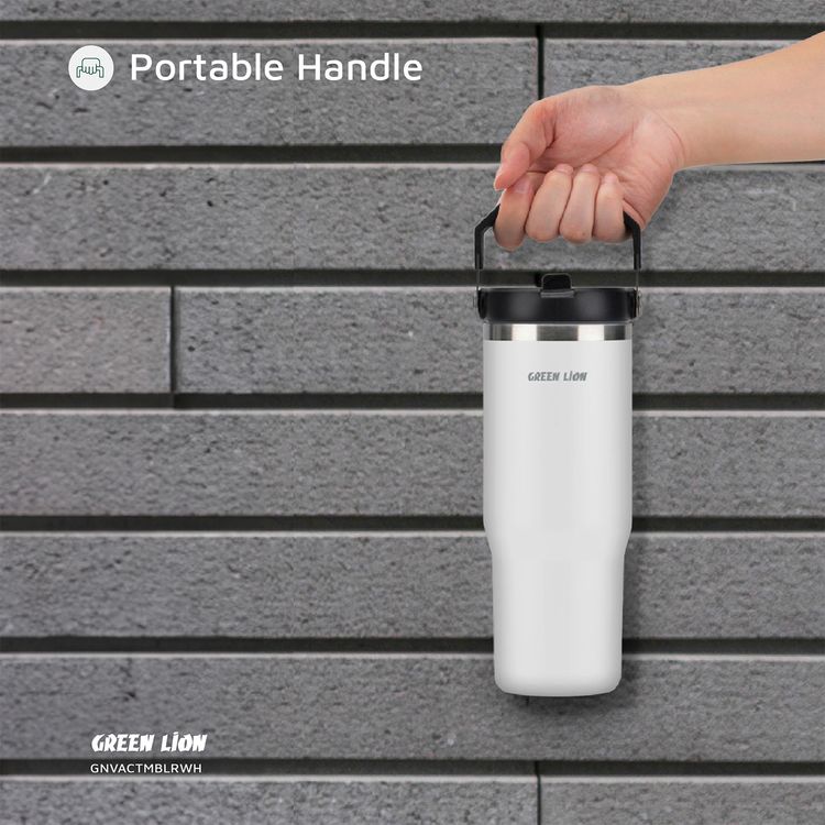 Green Lion Vacuum Tumbler with 900mL Capacity, Stainless Steel Material, Double-Wall Vacuum Insulation, Flip Straw Lid, Portable Handle, Food-Grade Material - White