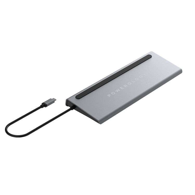 Powerology USB-C Hub 11 in 1 Multi-Port Adapter with Laptop Stand 100W PD Fast Charge, Aluminum Body with HDMI 4K Ultra HD, 3.5mm Aux Port Compatible for MacBook Pro/Air - Grey